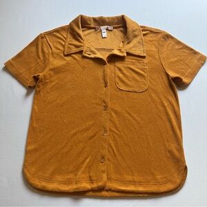 HUTCH Anthropologie mustard yellow terry cloth knit short sleeve button up shirt